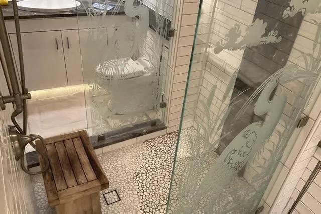 Slide: The Image of Luxurious bathroom on 1997 Hatteras 70 Sport Deck Motor Yacht with elegant glass shower. - 35