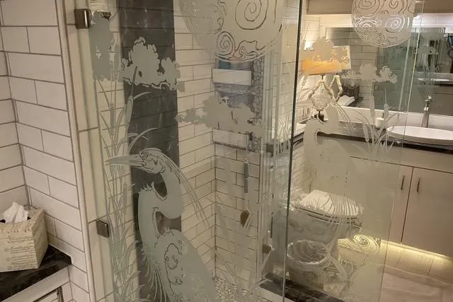 Slide: The Image of Etched glass shower in 1997 Hatteras 70 Sport Deck Motor Yacht bathroom. - 36
