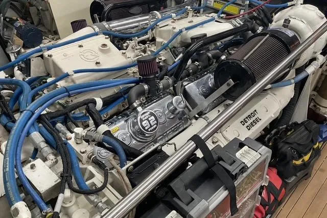 Slide: The Image of Engine room of a 1997 Hatteras 70 Sport Deck Motor Yacht with Detroit Diesel engines. - 43