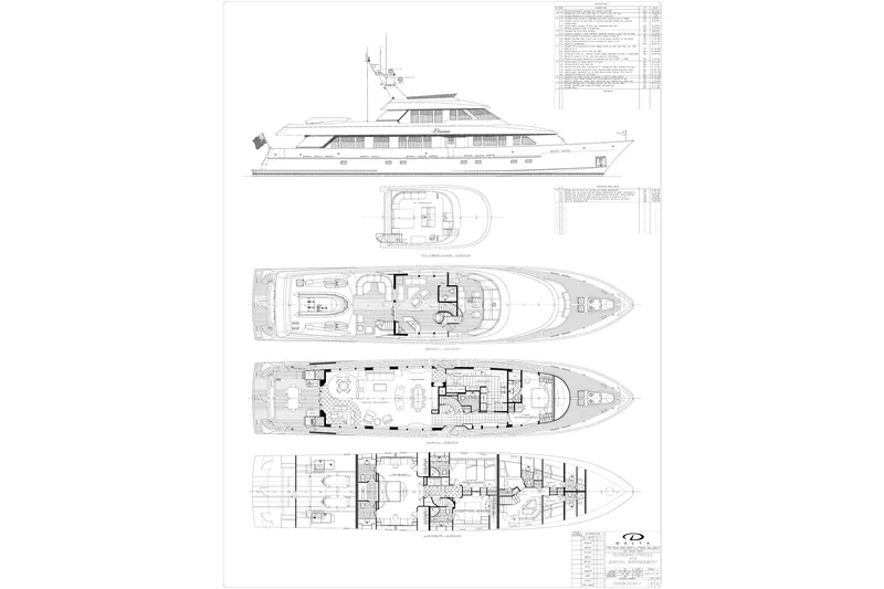 Slide: The Image of Blueprint of 1997 Delta 122 Tri-Deck Motor Yacht, showcasing detailed deck layouts and side elevation. - 76