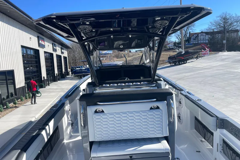 Slide: The Image of 2026 Nor- 390 Sport boat interior with modern seating and sleek design. - 11