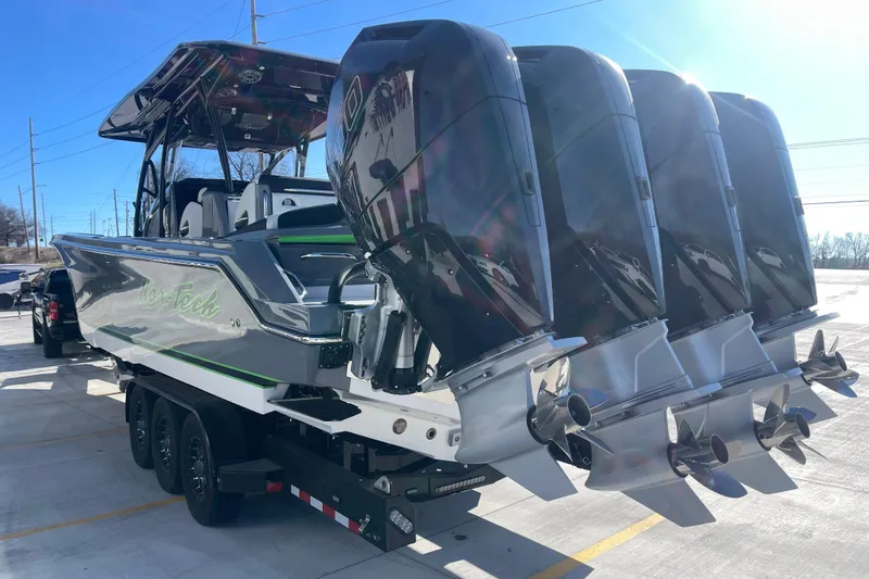 Slide: The Image of 2026 Nor- 390 Sport boat with four powerful outboard engines on a trailer. - 6