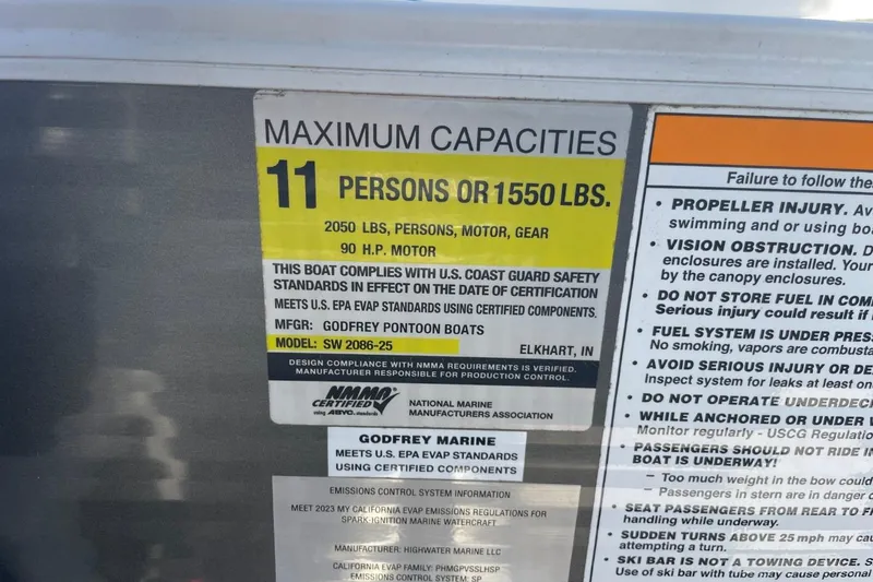 Slide: The Image of Capacity label on 2023 Godfrey Sweetwater 2086 SB, max 11 persons or 1550 lbs. - 27