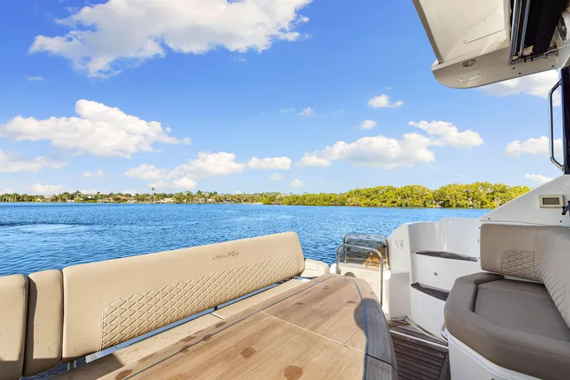 Slide: The Image of 2017 Sea Ray 460 Sundancer yacht deck with scenic water view. - 23