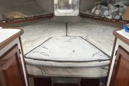 Slide: The Image of 1979 Mainship 34 Trawler cabin interior with cushioned sleeping area and wooden cabinetry. - 4