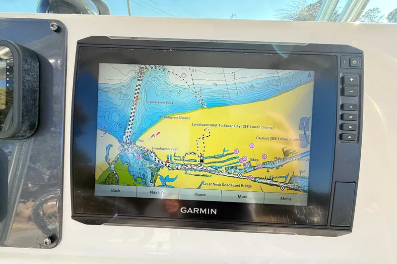 Slide: The Image of Garmin navigation display on 2008 Robalo R240 Center Console boat, showing Lynnhaven Inlet map. - 27
