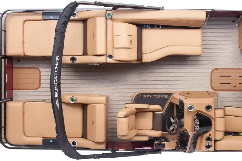 Slide: The Image of 2026 SunCatcher Fusion 324SS pontoon boat interior with tan seating and modern dashboard. - 11