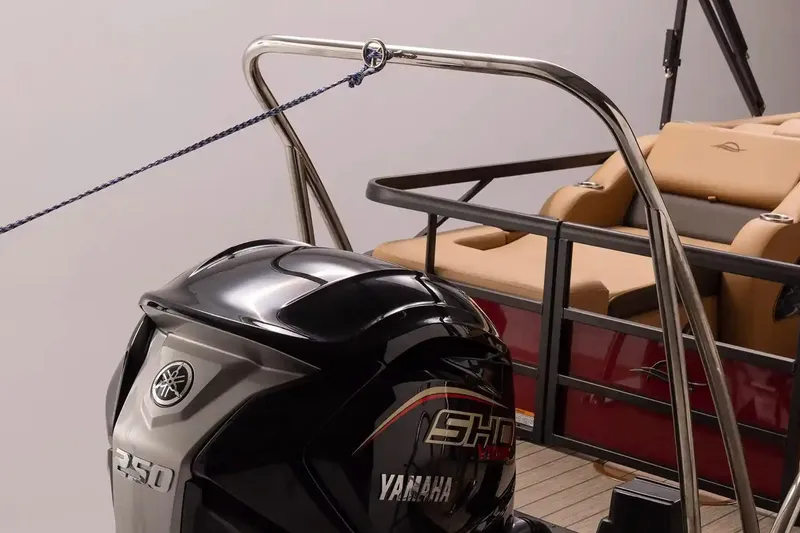 Slide: The Image of 2026 SunCatcher Fusion 324SS with Yamaha 250 engine, featuring sleek design and comfortable seating. - 13