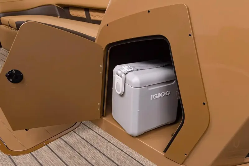 Slide: The Image of Storage compartment with Igloo cooler in 2026 SunCatcher Fusion 324SS boat. - 7