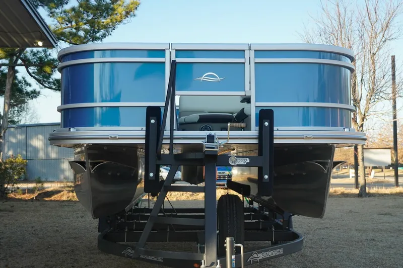 Slide: The Image of 2026 SunCatcher Select 20F pontoon boat on trailer, front view. - 12