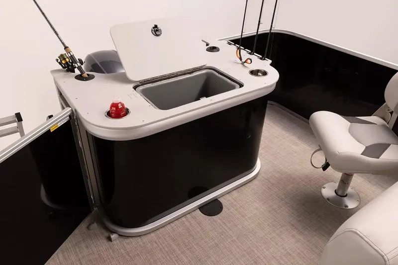 Slide: The Image of Manufacturer Provided Image: 2026 SunCatcher Select 20F boat interior with fishing station and seating. - 2