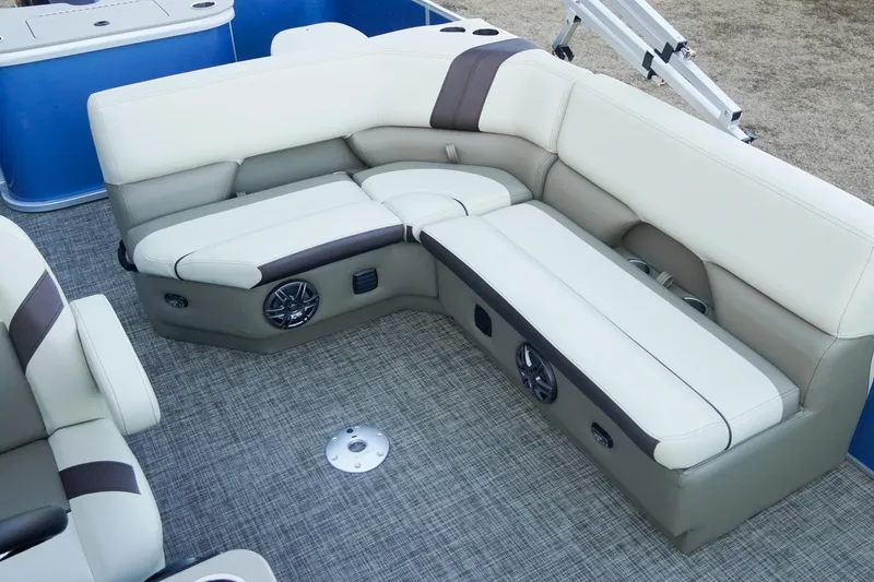Slide: The Image of Luxurious seating on 2026 SunCatcher Select 20F pontoon boat with modern design and speakers. - 21