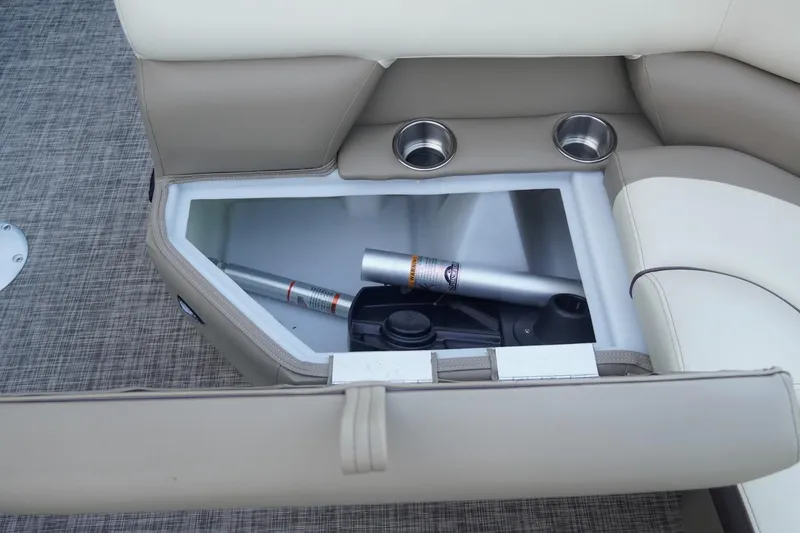 Slide: The Image of SunCatcher Select 20F 2026 boat seat storage with cup holders and equipment. - 25