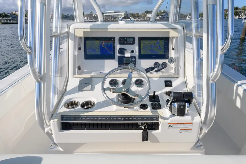 Slide: The Image of 2022 SeaVee 340Z boat console with advanced navigation and control systems. - 17