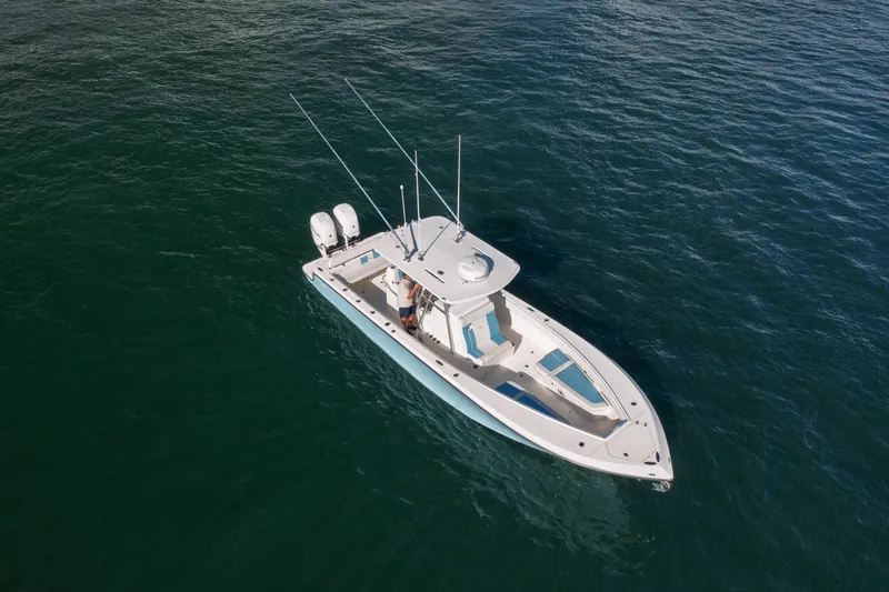 Slide: The Image of Aerial view of 2022 SeaVee 340Z boat on open water. - 5