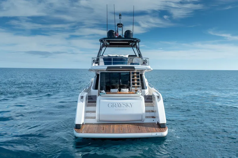 Slide: The Image of 2023 Ferretti Yachts 720 on open sea, rear view under blue sky. - 11