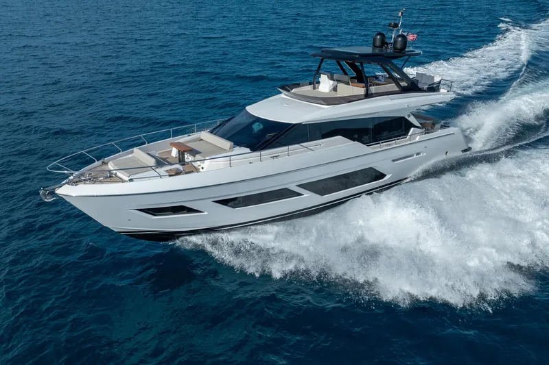 Slide: The Image of 2023 Ferretti Yachts 720 cruising on open sea, showcasing sleek design and luxury. - 3