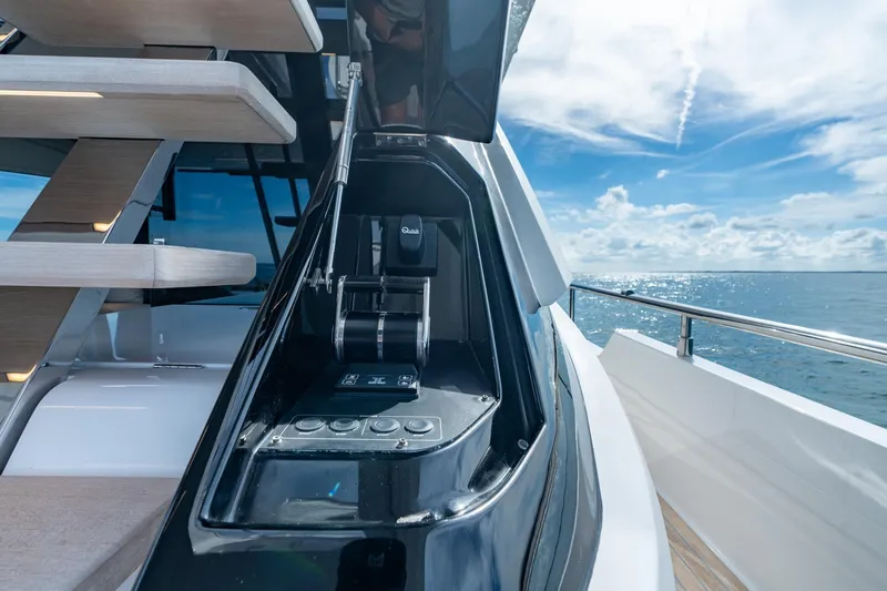 Slide: The Image of 2023 Ferretti Yachts 720, sleek design, ocean view, modern staircase, luxurious yacht features. - 35