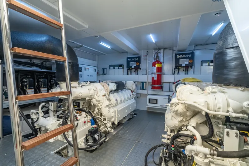 Slide: The Image of Engine room of 2023 Ferretti Yachts 720, featuring advanced machinery and equipment. - 79