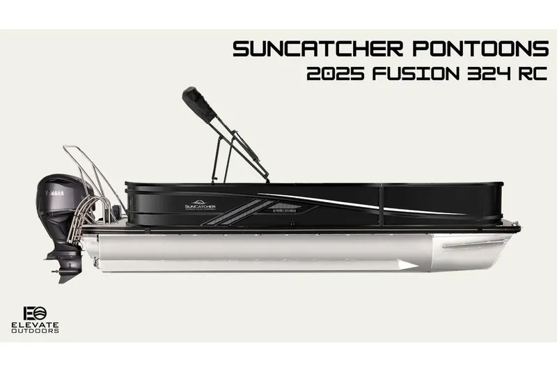 The Image of 2025 SunCatcher Fusion 324RC pontoon boat with Yamaha engine, sleek black design. - 0