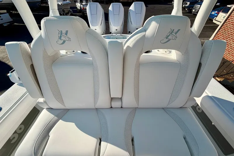 Slide: The Image of 2026 Yellowfin 36 Offshore boat seats with embroidered logo, showcasing luxury marine design. - 11