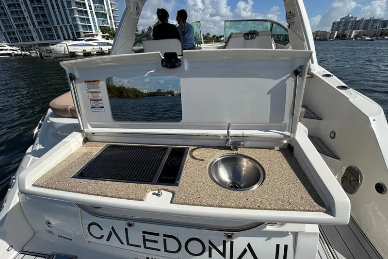 Slide: The Image of 2016 Sea Ray 350 Sundancer yacht with outdoor kitchenette and sink, docked near luxury buildings. - 38
