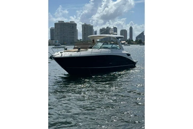 Slide: The Image of 2016 Sea Ray 350 Sundancer yacht on water with city skyline background. - 4