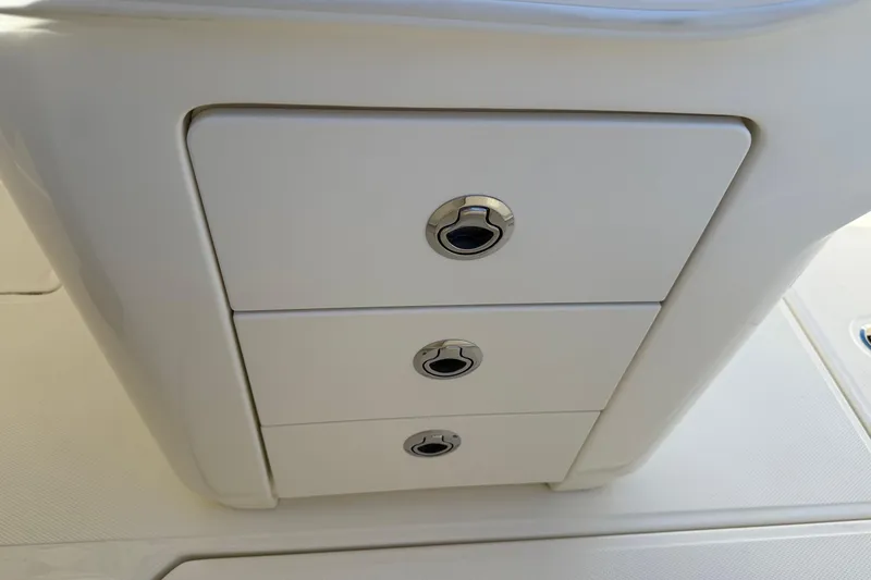 Slide: The Image of 2025 Boston Whaler 250 Outrage boat interior, featuring a sleek storage compartment door. - 34