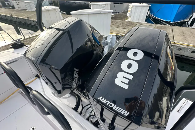 Slide: The Image of Twin Mercury 300 outboard engines on a 2022 Axopar 37 XC Cross Cabin boat. - 10