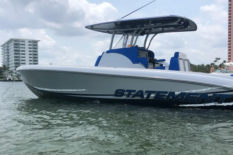 Slide: The Image of 2019 Statement Center Console boat on the water. - 0
