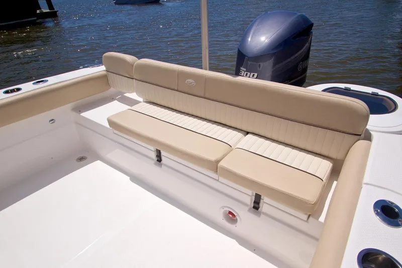 Slide: The Image of Manufacturer Provided Image: 2016 Sea Fox 249 Avenger boat with beige seating and Yamaha 300 outboard motor. - 28
