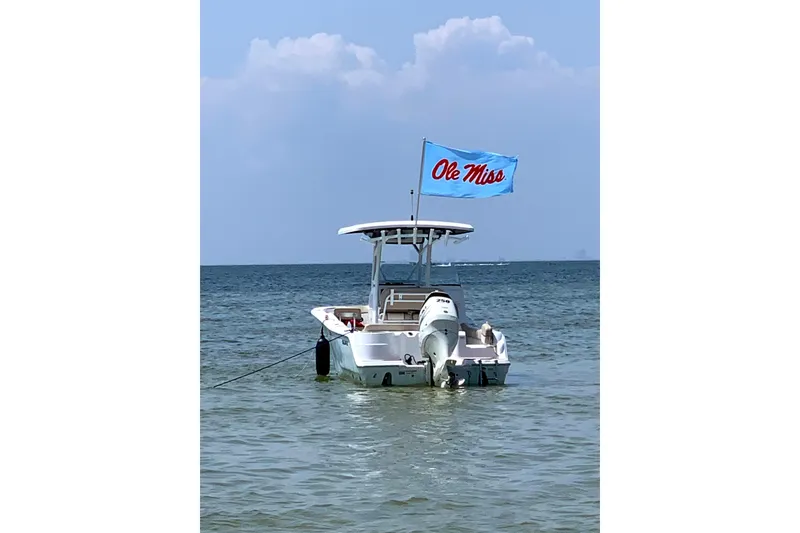Slide: The Image of 2016 Sea Fox 249 Avenger boat with Ole Miss flag on calm water. - 6