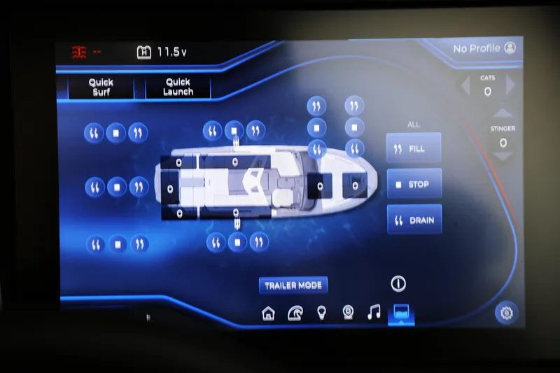 Slide: The Image of Touchscreen control panel of a 2026 Centurion Ri245 boat, displaying surf and launch settings. - 17