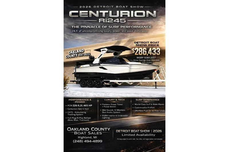 Slide: The Image of 2026 Centurion Ri245 boat at Detroit Boat Show, featuring luxury and surf performance. - 26