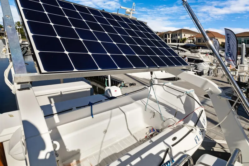 Slide: The Image of Hylas 46 sailboat with solar panel, docked at marina, 2009 model. - 23