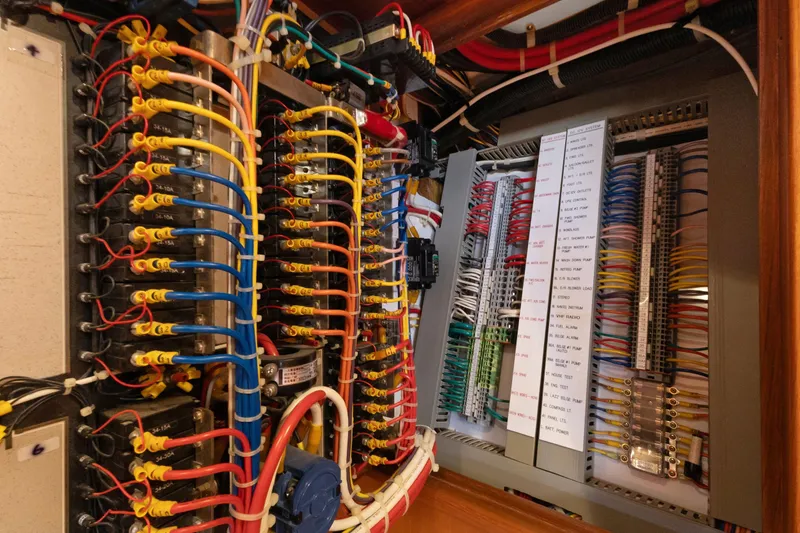 Slide: The Image of Electrical panel with colorful wiring in a 2009 Hylas 46 yacht. - 58
