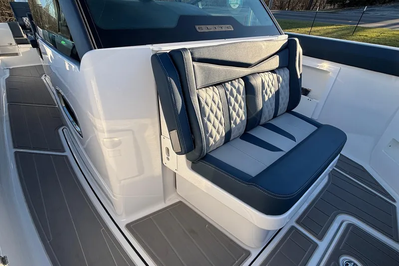 Slide: The Image of Luxury seating on 2026 Monterey Elite 30 OB boat, featuring elegant design and premium materials. - 28