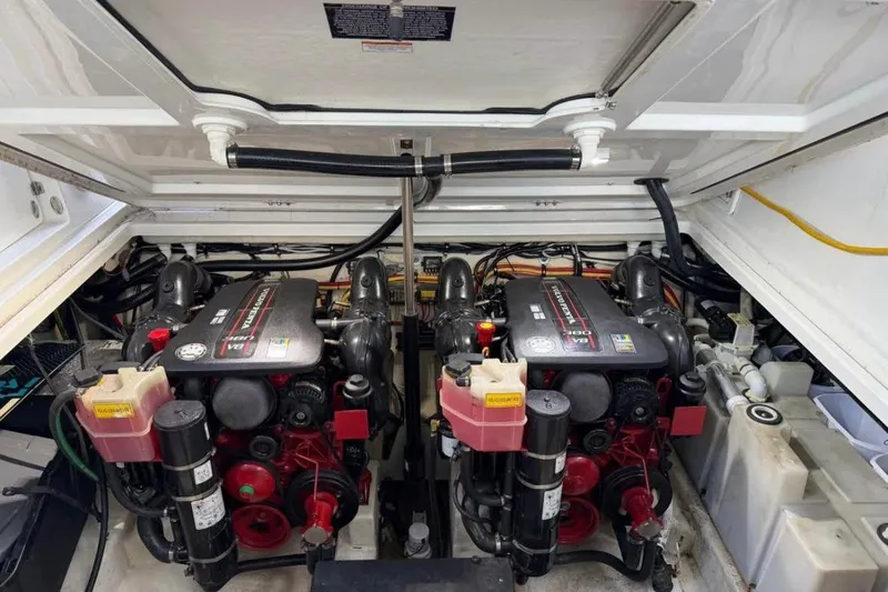 Slide: The Image of Engine compartment of a 2015 Monterey 360 Sport Coupe, featuring dual V8 engines. - 21