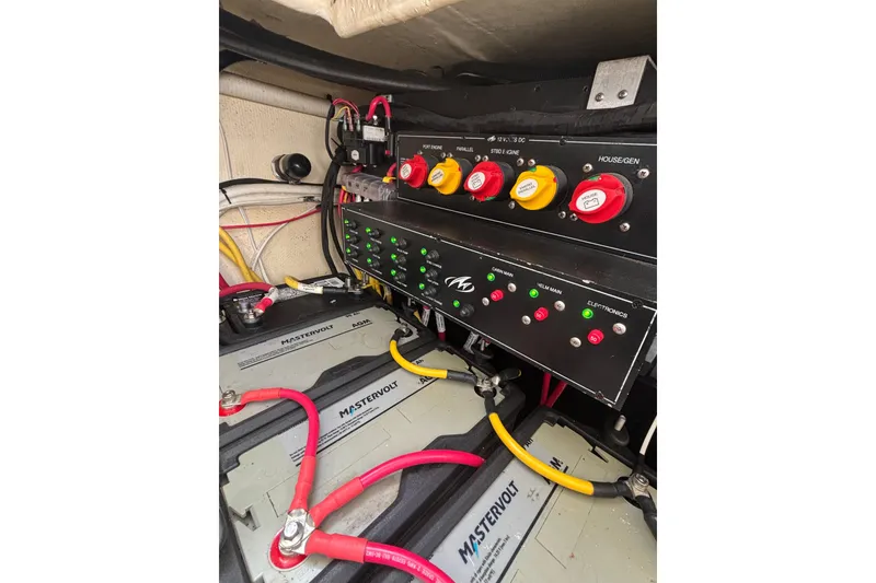 Slide: The Image of Electrical panel and battery setup in a 2015 Monterey 360 Sport Coupe boat. - 28