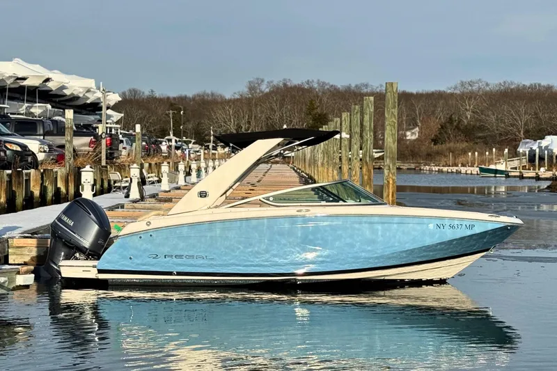 The Image of 2019 Regal 23 OBX boat docked at a marina with calm water reflections. - 0