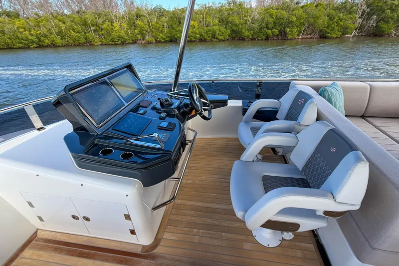 Slide: The Image of Helm of 2023 Sirena 68 yacht with dual seats and navigation controls. - 20