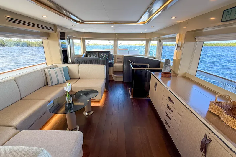 Slide: The Image of Luxurious interior of 2023 Sirena 68 yacht with elegant seating and panoramic windows. - 30