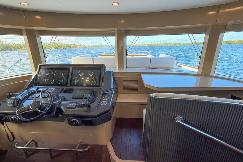 Slide: The Image of Helm of 2023 Sirena 68 yacht with panoramic windows and modern controls. - 33