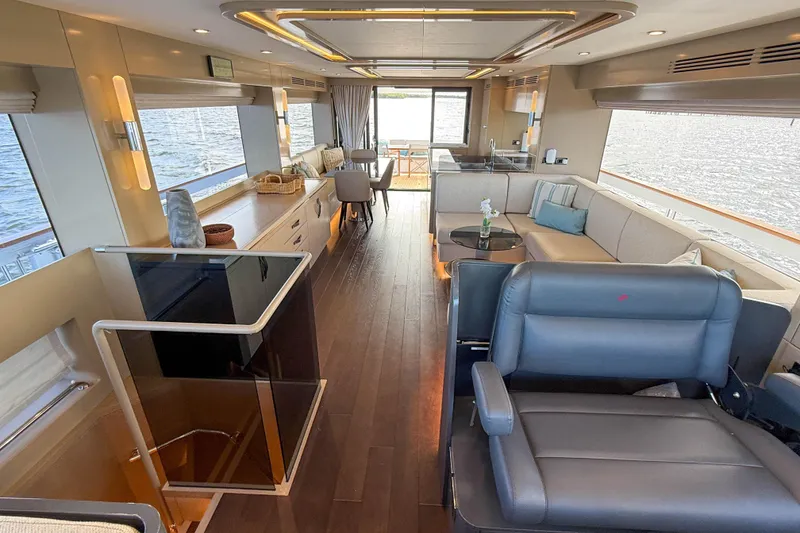 Slide: The Image of Luxurious interior of 2023 Sirena 68 yacht with modern furnishings and panoramic windows. - 37