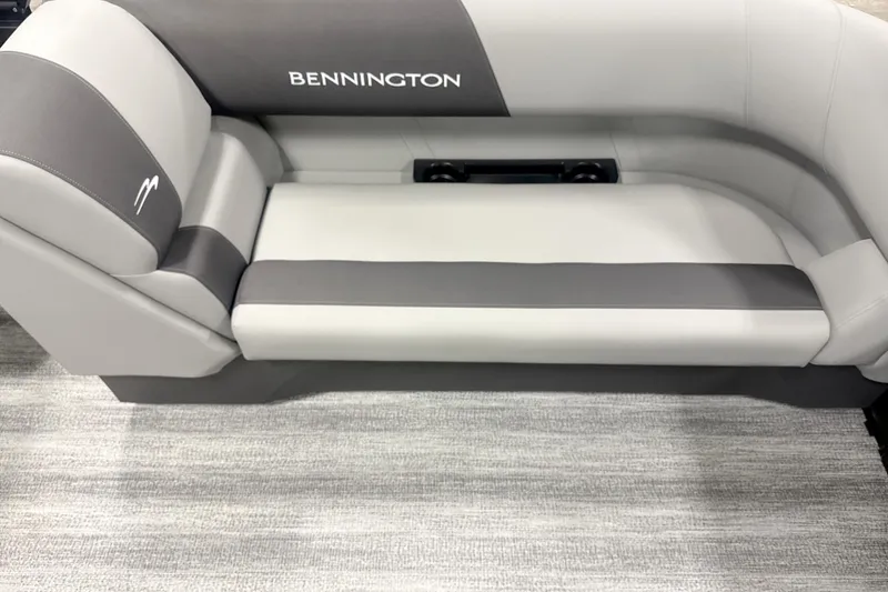 Slide: The Image of 2026 Bennington 22 S STERN RADIUS boat seat, gray and white upholstery. - 10