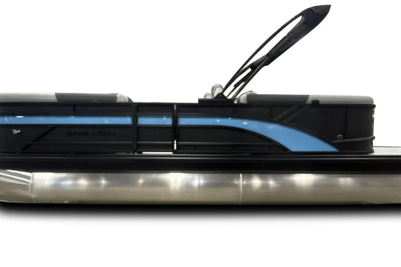 Slide: The Image of 2026 Bennington 22 S STERN RADIUS pontoon boat, sleek design with blue accents. - 4