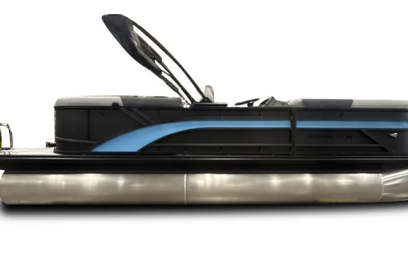 Slide: The Image of 2026 Bennington 22 S STERN RADIUS pontoon boat, sleek design with blue accents. - 6