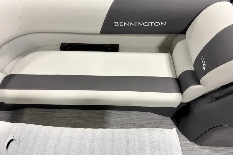 Slide: The Image of 2026 Bennington 22 S1 Stern Radius boat seat, gray and white upholstery. - 7