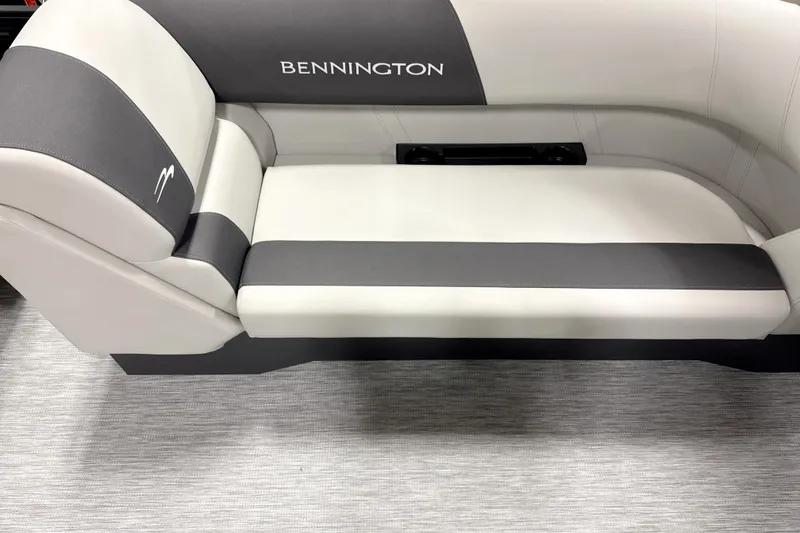 Slide: The Image of 2026 Bennington 22 S1 Stern Radius boat seat, gray and white upholstery. - 9