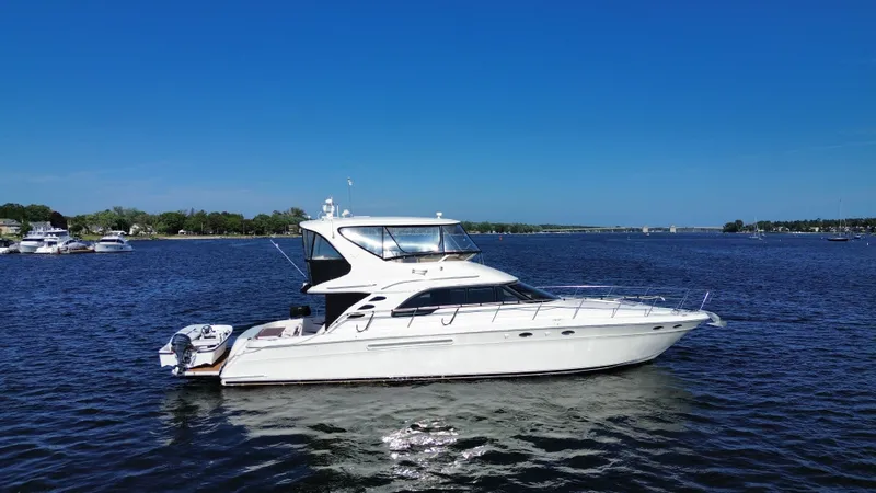 The Image of A white 1999 Sea Ray 560 Sedan Bridge cruising on calm water under a clear sky. - 0
